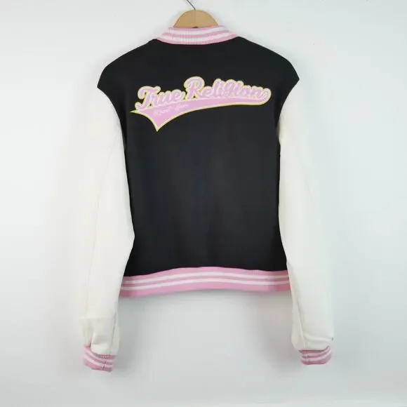 New Women’s True Religion Script Horseshoe Varsity Jacket Size L Pink Academia - Picture 8 of 11
